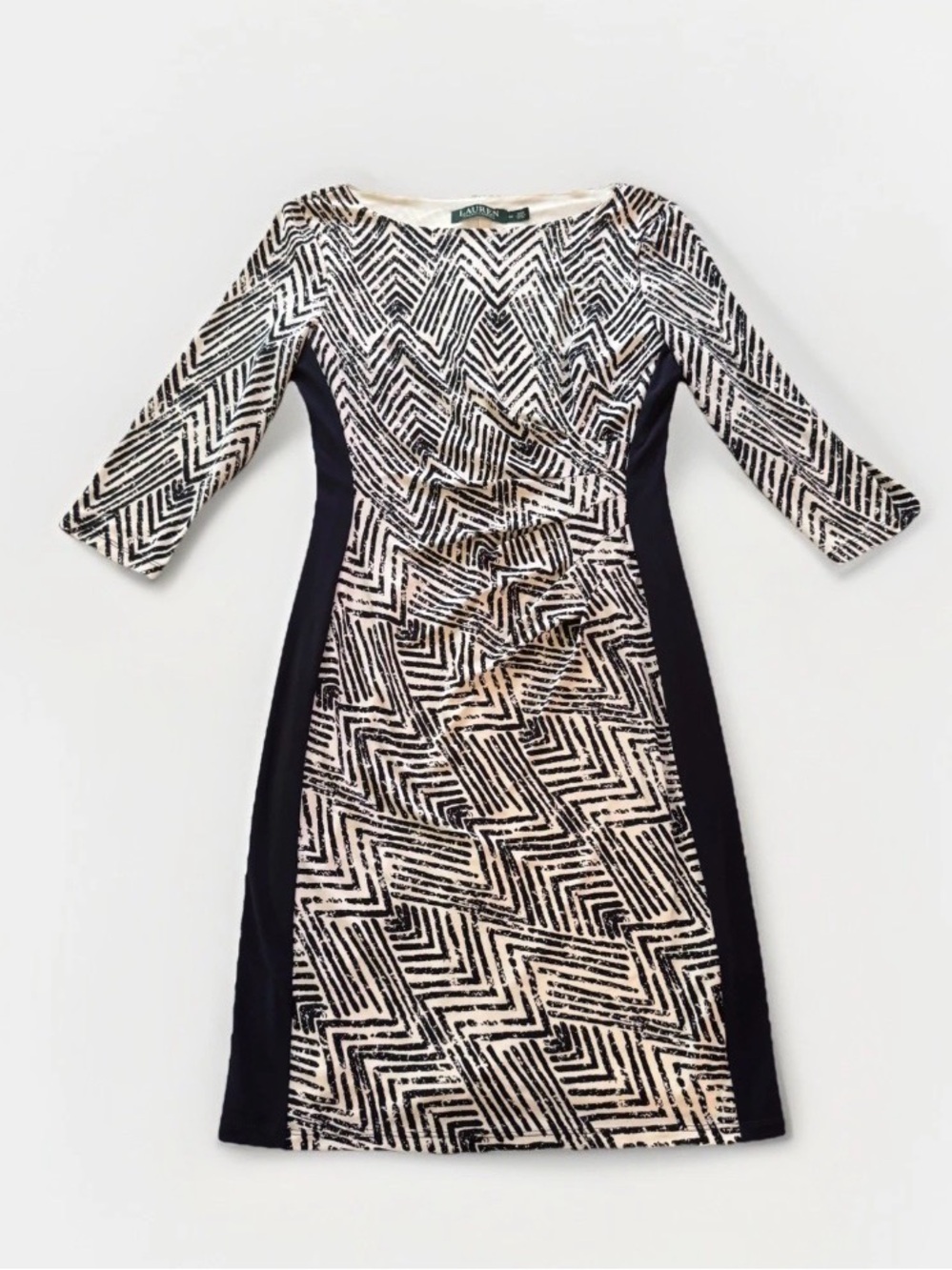Women's Lauren Ralph Lauren Navy White Ruched Dress Size 4P Sheath Herringbone